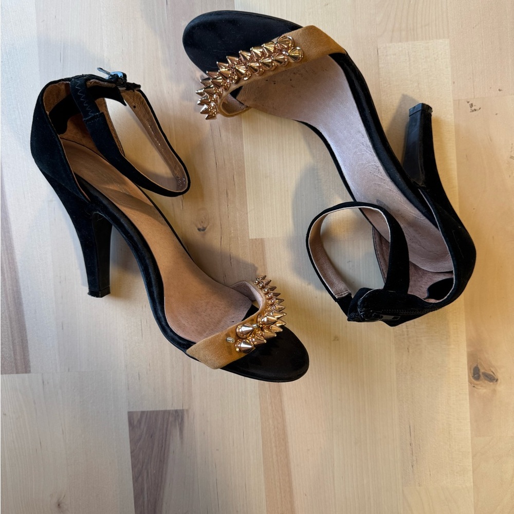 Free People Black Suede and Gold Studded Women's Kitty Heels